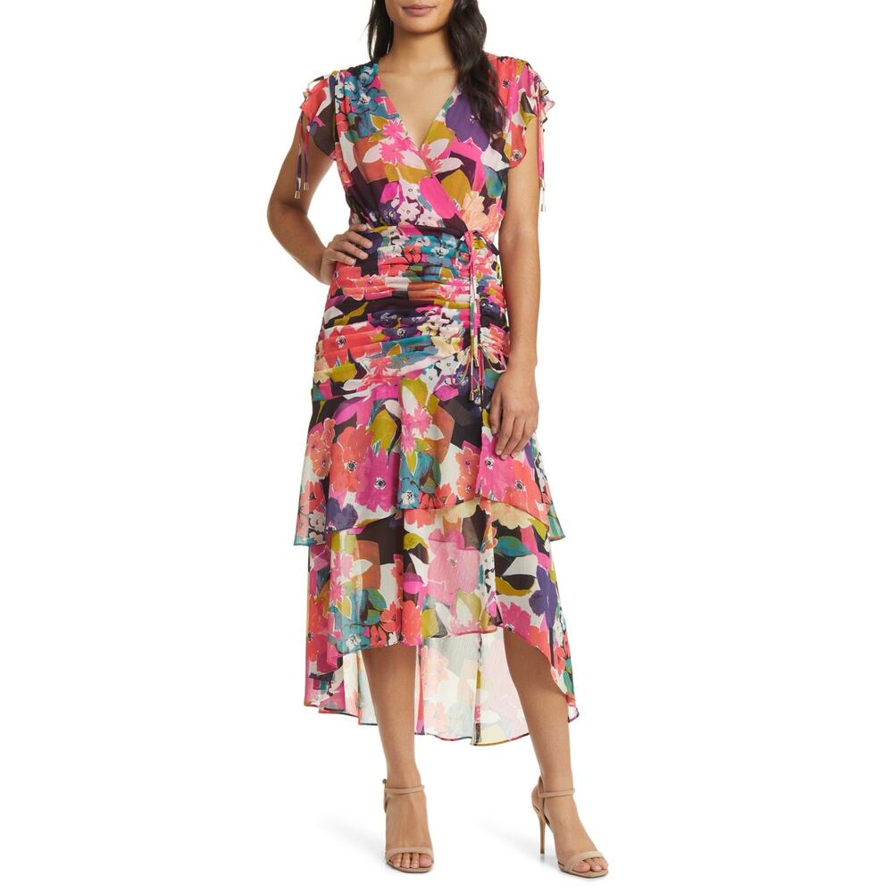 TAHARI floral side ruched chiffon midi dress $160 retail!